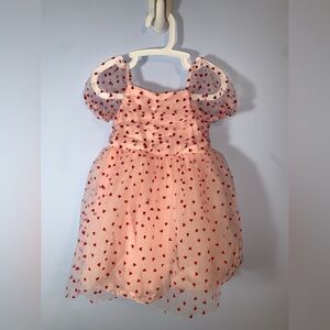 Pink Dress with Red velvet Hearts puff sleeves tulle ruched size 3/4t party